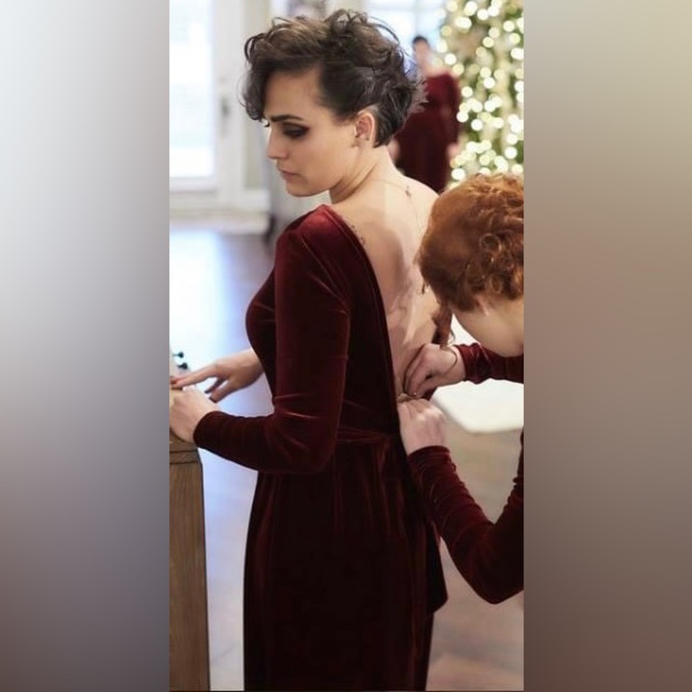 Burgundy Velvet Long Sleeve Low Back Gown